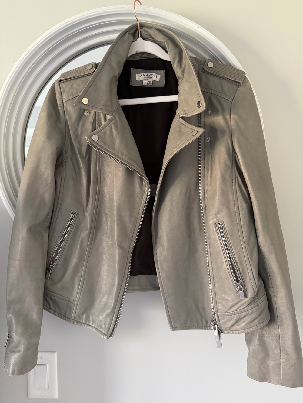 Real Lamarque Leather Buttery Soft Taupe Moto Jacket with Silver Hardware